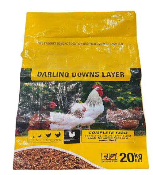 25kg printed pinch bags for animal feed - Bespoke Packaging Options Darling Downs Layer Complete Poultry Feed – Natural Grains & Seeds Mix (20kg) - Image 1